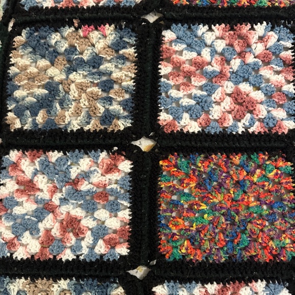 Vtg Handmade Crochet Granny Square Blanket Afghan Throw Black Multicolor 44x80" - Picture 4 of 6